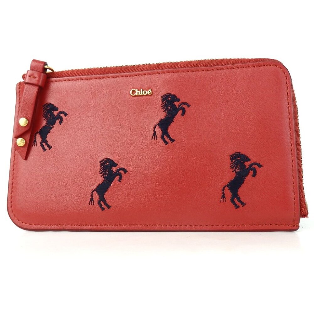 Chloé Red Leather Zip Wallet with Black Horse embroidery